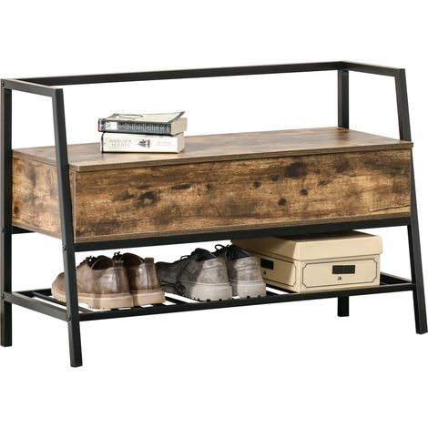 Mobile Scarpiera in Stile Industriale con Vano, Panca Scarpiera Vintage Salvaspazio in Legno e Metallo, Marrone Rustico, 90x37x60cm