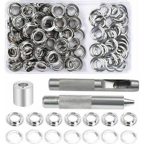 Kit occhielli, 100 set di kit di riparazione per teloni da 12 mm con 3 strumenti per occhielli, kit occhielli per teloni, tessuti, tende e artigianato. (1/5)
