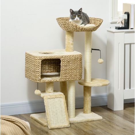 Arbre à chat multi-niveaux 98 cm avec 2 plateformes, niche, rampe et griffoirs en sisal, pour chats jusqu’à 6 kg, beige, stable pour intérieur - CHICFURN (1/5)