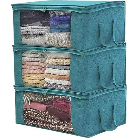 (3 pièces, bleu) Sac de rangement pliable pour vêtements, 49 x 36 x 21 cm, sac de rangement sous le lit, tissu non tissé épais imperméable, adapté aux couettes, couvertures, oreillers, vêtements (1/5)