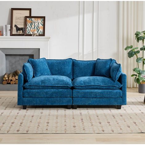 Divano modulare 198x75x84 cm in ciniglia blu salvaspazio per soggiorno FloraGrace (1/5)