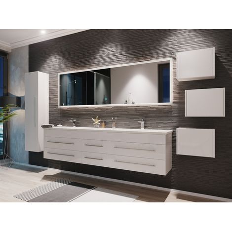 Badmöbelset Colossos200 4-teilig LED Spiegel Hochschrank 3er Boxen weiss hgl