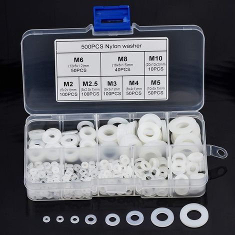 500pcs Rondelles Plastique, Entretoise Nylon M2 M2.5 M3 M4 M5 M6 M8 M10 Rondelle pour Mécanique, Assortiment Joint Rondelle Étanchéité en Nylon Isolation Diamètre 5-20mm (1/5)