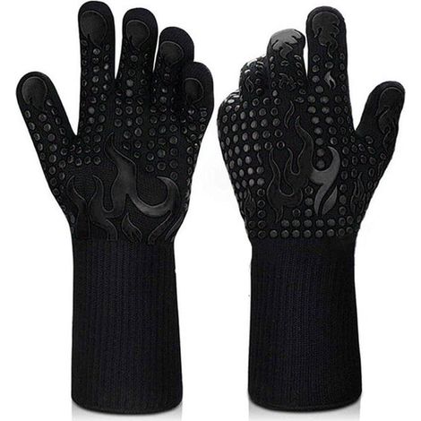 Gants de cuisine pour barbecue - Moufles résistantes à la chaleur - Cuisson en toute sécurité - Protection haute température - Lot de 2 - Noir - Noir - Feu (1/5)