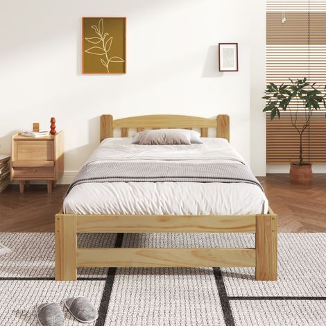 Lit Simple 90x200 en bois massif naturel avec tête de lit et sommier à lattes, style futon épuré (sans Matelas) (1/5)