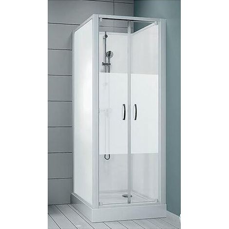 Leda – Cabine de douche carrée 80 x 80 cm – Porte battante réversible – Parois en verre opaque – Accès frontal – Vitrage sérigraphié (1/6)
