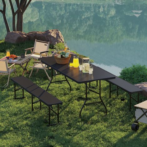 Ensemble de pique-nique pliant 3 pièces avec table et 2 bancs en PEHD et métal, noir