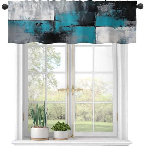 Cantonnières pour fenêtres, cantonnières semi-transparentes à motif abstrait bleu, blanc et gris, œillets pour tringle, habillage de fenêtre court filtrant la lumière, décoration (1/5)