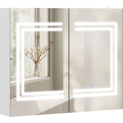Miroir de salle de bain avec éclairage LED, étagères réglables et interrupteur tactile, en bois et verre, 80 x 15 x 65 cm, blanc (1/5)