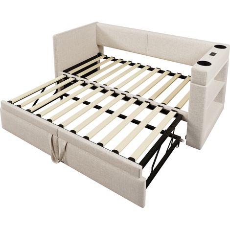 Polstertagesbett 90x200 cm mit Ausziehbett, beige, Leinen-Baumwollstoff, ohne Matratze, MODENUIT (1/5)