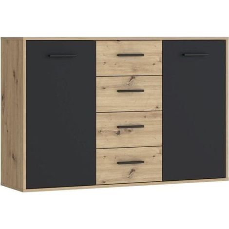 Buffet PILVI - Style contemporain - Particules mélaminé - Décor Chene et noir - 2 portes + 4 tiroirs - L 122,6 x P 34,2 x H 8 (1/5)