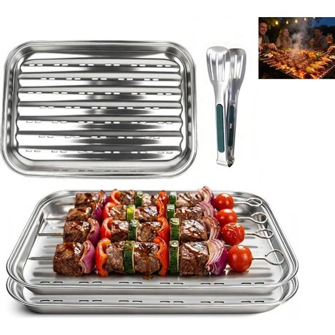 Plateau de cuisson,En acier inoxydable,Réutilisable, Comprend 3 plaques perforées (34,5 x 24 x 2 cm) et des clips, Convient aux légumes, à la viande et au poisson (Argent) (1/5)