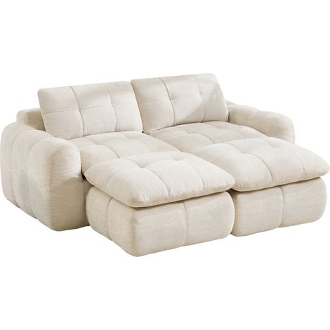 Divano modulare 2 posti senza telaio in chenille beige con 2 ottomani (1/5)