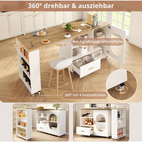 Isla de cocina móvil 120-180 cm con encimera giratoria 360°, cajón y estantes (1/2)