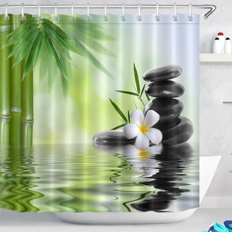 Spa Rideau de Douche avec des Crochets,180 x 180 cm Pierres Noires Orchidées Bambou Eau À Motifs Rideau de la Salle de Bain Résistant à l'eau Anti-moisissure Lavable Tissu ePolyester (1/5)