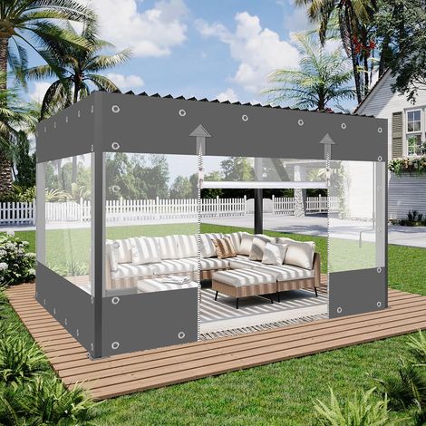 Bâche transparente en PVC 650 g/m², rideau d'extérieur avec fermeture éclair, bâche imperméable, protection contre le vent et la pluie, pour pavillon, balcons, terrasses (gris, hauteur 3 m x largeur 4 (1/5)