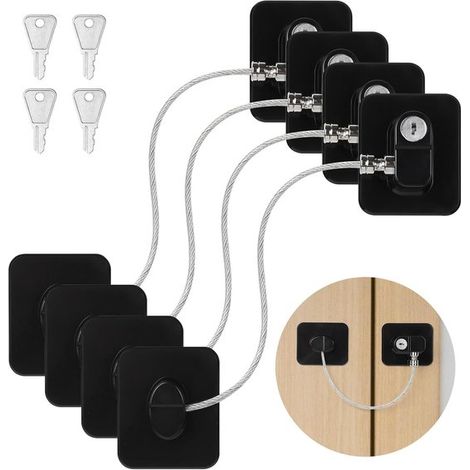 Cerradura de seguridad para ventanas de 4 piezas，con 4 llaves para armarios，refrigeradores y lavadoras (negro) (1/5)