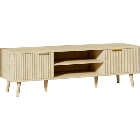 140cm/55in TV Stands Unit Cabinet for TV up to 60" Wooden TV Console Table 2 Open Storage Cubes 2 Doors Sideboard for Living Room Bedroom Entertainment Room Furniture Wood Color