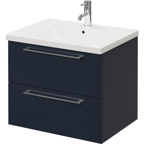 Napoli 460 Deep Blue 600mm Wall Mounted 2 Drawer Vanity Unit with Glide Basin - 600mm - Chrome 320mm Handle