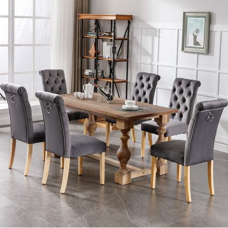 Lote de 6 sillas de comedor 63x43x100 cm de terciopelo gris, capitoné, estables – MEUBLIV (1/5)