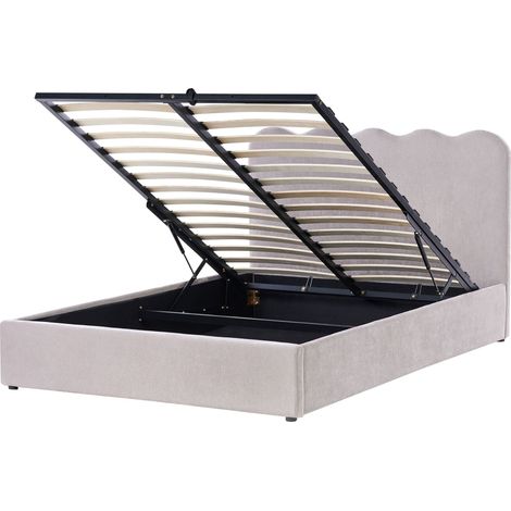 Bed Frame Taupe Chenille Upholstery EU Double Size 4ft6 Lift Up Storage with Headboard and Slatted Base NANTERRE