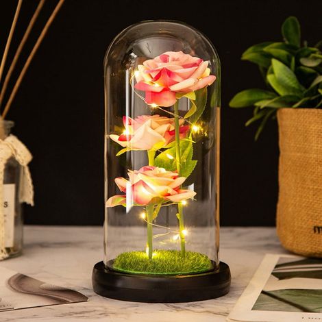 Lampe De Nuit À Roses - Abat-Jour En Verre Avec 3 Roses Artificielles Et Led - Décoration Intérieure Pour Chambre Salon - 1 Pièce (1/5)