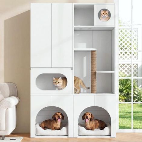 Mueble para arenero de gatos, armario para mascotas, armario de almacenamiento para mascotas, rascador, para 2 areneros, con columna rascadora y zona de descanso, para gatos y perros, blanco, 140 x 45 (1/5)