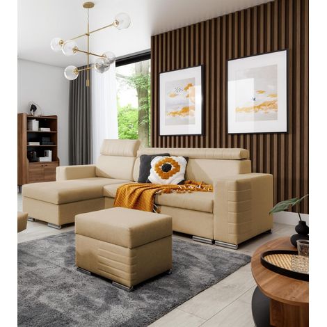 Ecksofa Schlafsofa inkl. Hocker CANTON Stoff Liverpool Beige Ottomane Links (1/4)