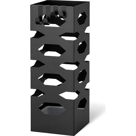 VOUNOT Metal Umbrella Stand, Freestanding Holder with Drip Tray & 4 Hooks, Hexagon Pattern, Black