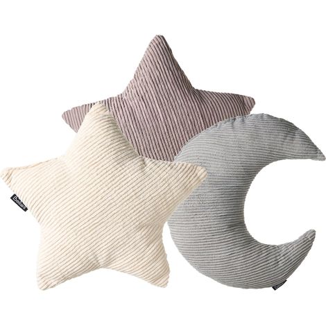 Lot de 3 Coussins Décoratifs en Velours Côtelé pour Enfant 35 x 30 cm et 35 x 35 cm Forme Étoile Demi-Lune Multicolore Luna