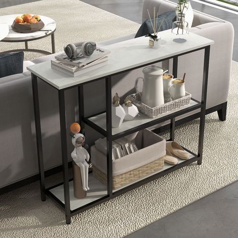 Consolle dal design industriale, 2 ripiani, effetto marmo, bianco e nero