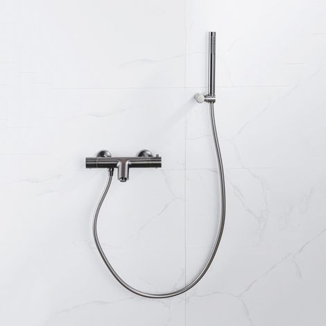 Fortifura Calvi Robinet de baignoire thermostatique avec douchette stick, support et flexible lisse Gunmetal PVD (1/2)