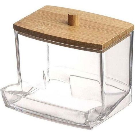 3 Boîtes de rangement, Acrylique transparent, Couvercle en bambou, Pour cotons-tiges, Salle de bain (1/4)