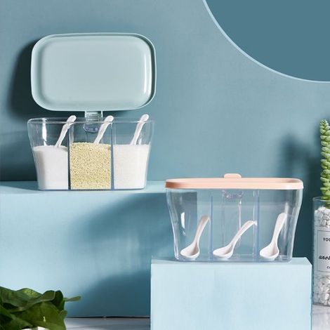 2 cajas de especias de plástico con tapa，diseño transparente，tapa y cuchara. Caja de almacenamiento de especias para cocina (rosa，azul) (1/5)