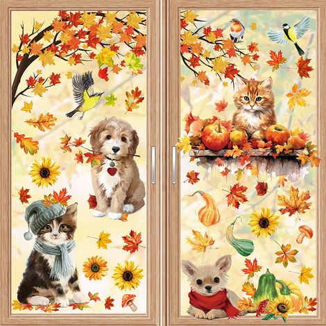 Herbstdekorationen, Herbst-Fensteraufkleber – 9er-Packung, Thanksgiving-Fensteraufkleber für Welpen und Kätzchen, Herbstaufkleber (1/5)