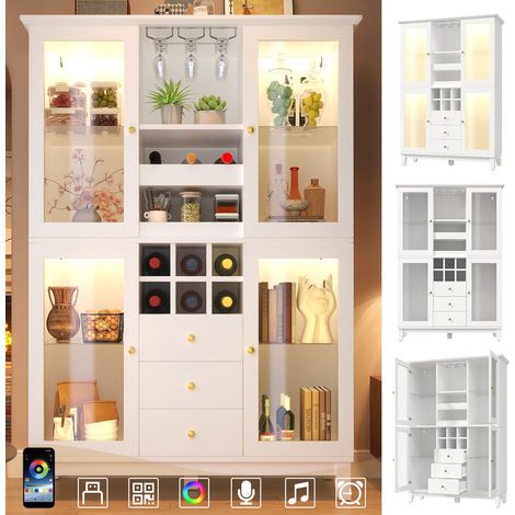 Armoire à vin connectée 180,5x120x40 cm avec LED contrôlable, Armoire de cuisine rangement pour verres et bouteilles – Meuble de rangement avece 3 tiroirs– Idéal pour cuisine, salon ou cave à vin