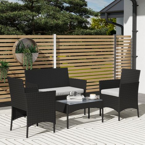 Salon de extérieur jardin 4 personnes en résine tressée avec canapés et table basse en verre trempé coussins inclus gris