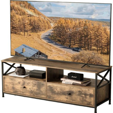 Relaxdays Mueble TV, 2 compart., 2 cajones, para TV hasta 55 pulg., 50 x 120 x 40 cm, marrón/negro