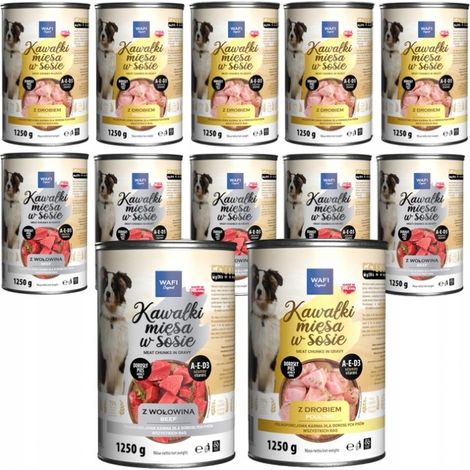 WAFI Nassfutterstücke für Hunde in Soße, verschiedene Geschmacksrichtungen, 12 x 1250 g Dose
