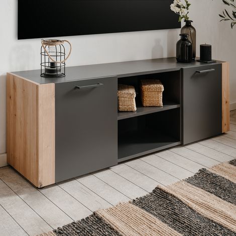 CALICOSY - Meuble TV 2 portes, 2 niches ouvertes décor gris anthracite et chêne artisan L138 cm - LUMA (1/5)