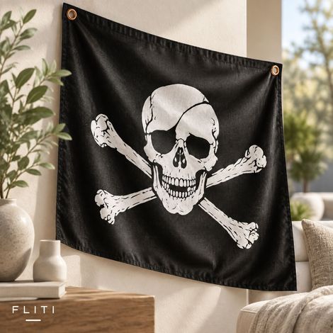 FLITI Drapeau de Pirate Lot de 2 Pièces 150x90cm Noir en Polyester Tête de Mort pour Décoration Halloween Fête Cosplay