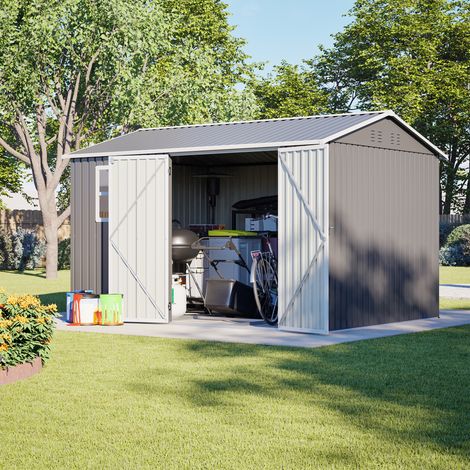 Abri de jardin en métal 310,9 x 240 x 201 cm,gris,ventilation intégrée,avec fenêtre,toit incliné,protection contre les intempéries,espace de rangement pour mobilier et équipements extérieurs (1/5)