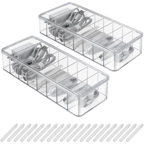 2 Pièces Boîte de Rangement pour Câbles 8 Compartiments Boîte de Câbles Transparent avec 20 Attaches de câbleBoîTe de Rangement Multi-Grilles avec Couvercle pour Maison, Bureau (1/5)