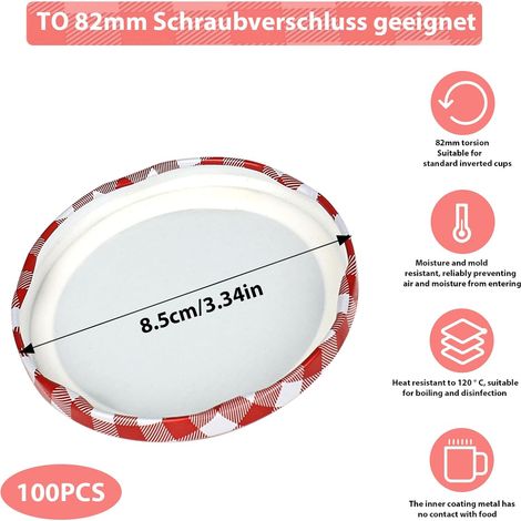100 Stück Twist Off Deckel, Schraubdeckel Für Gläser TO 82 Rot-Weiß Kariert, Schraubverschlüsse für Gläser, twist off decke für 230/350 / 435 ml / 565 ml