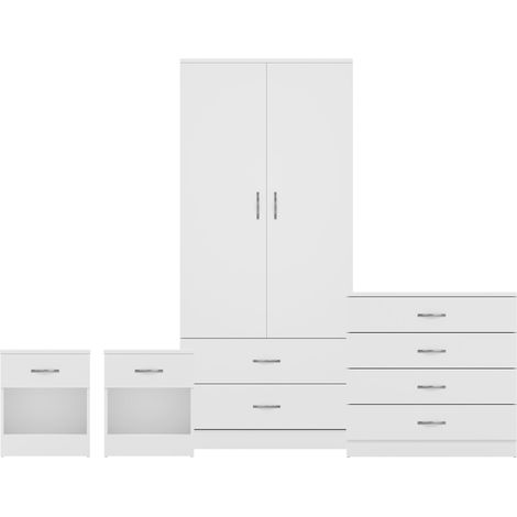 Riano 4 Piece Bedroom Set (1 Drw Bedside Chest, 4 Drw Chest, 2 Door 2 Drw Wardrobe), White (1/3)