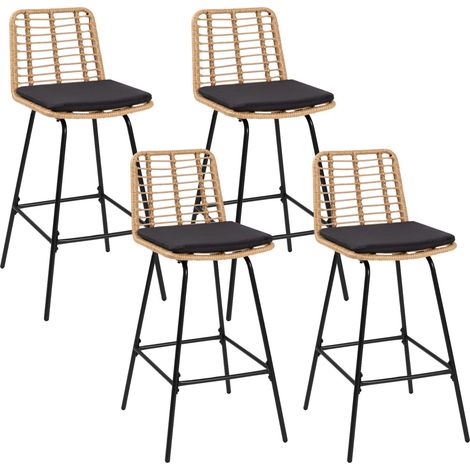 Lot de 4 tabourets de bar SUMMER effet rotin pied métal noir