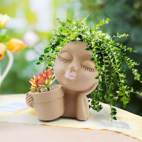 Pot de fleurs en résine avec trou de drainage pour intérieur et extérieur Motif visage de fille Beige (1/5)