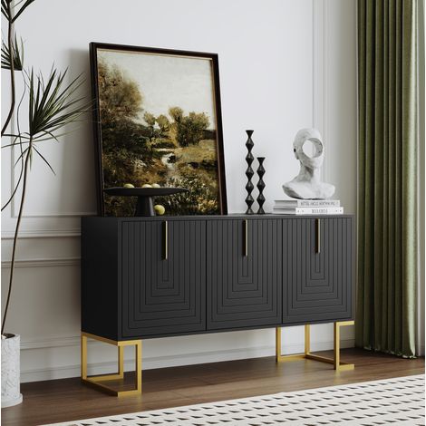 Sideboard schwarz aus MDF mit 3 Türen, verstellbaren Regalböden und Metallbasis (1/5)
