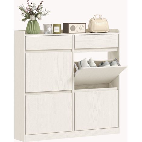 Scarpiera Slim in Legno con 4 Cassetti a Ribalta e 2 Cassetti Scorrevoli, 98x19.2x95.3 cm, Bianco