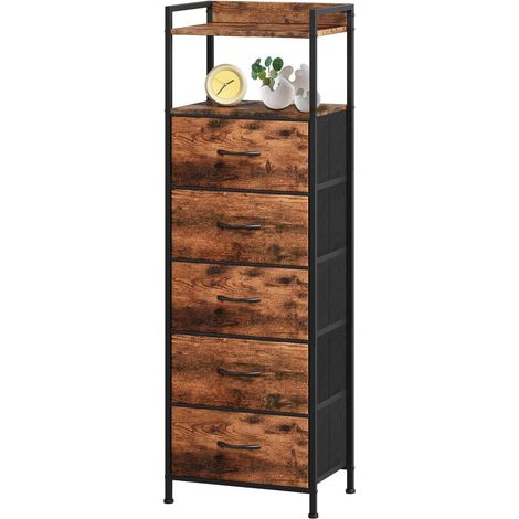 Kommode mit 5 Stoffschubladen, Holzoptik, schmal, für Schlafzimmer & Wohnzimmer (1/5)